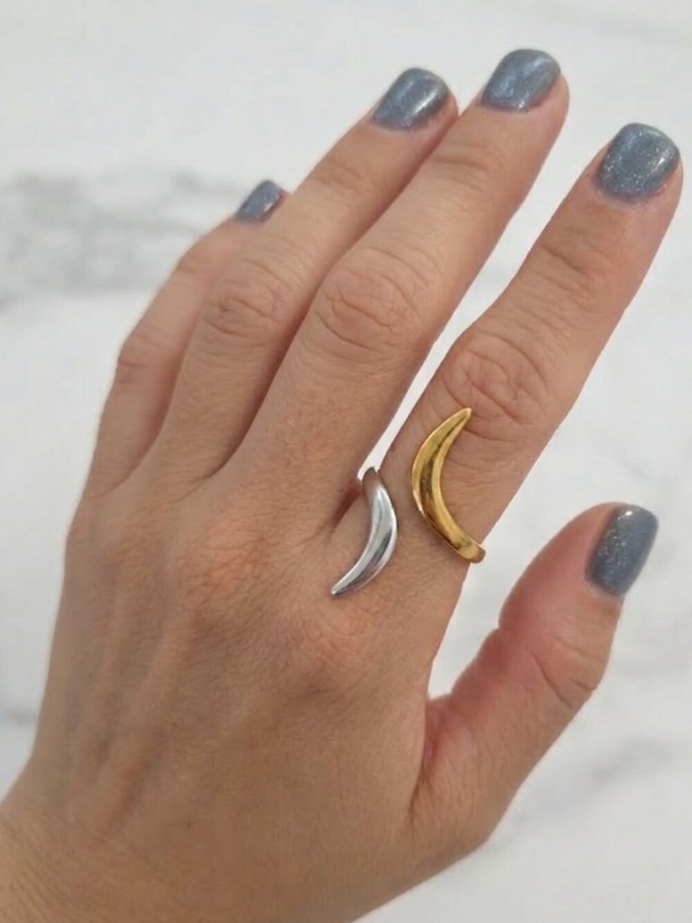 Two Tone Gold Silver Sculptural Curved Adjustable Statement Ring